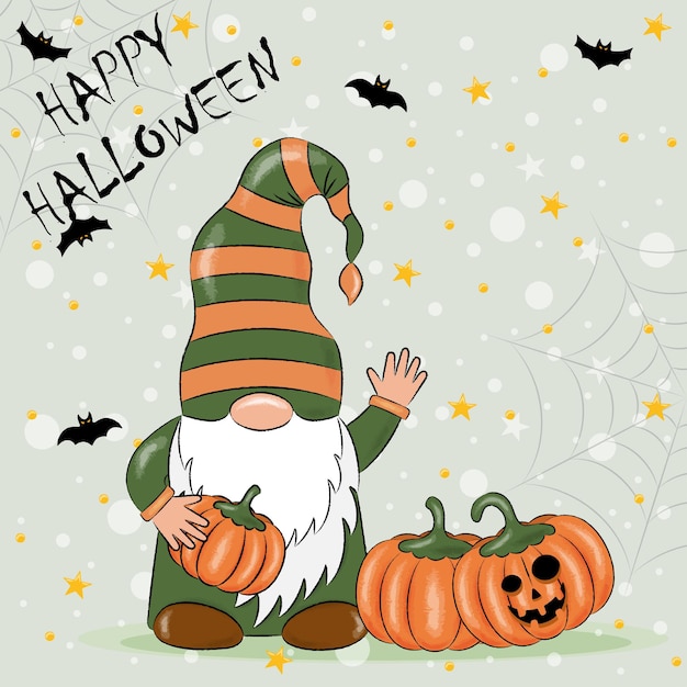 karta świąteczna halloween ładny gnome trzyma dynię w dłoni wektor