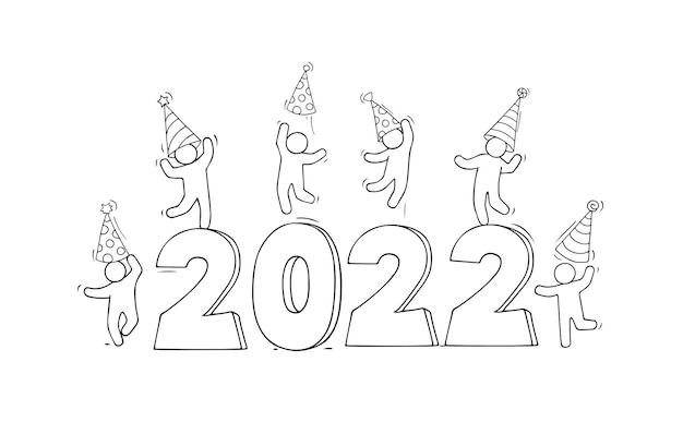 Karta Szczęśliwego Nowego Roku 2022. Kreskówka Doodle Ilustracja Z Liitle Ludzie Przygotowują Się Do świętowania.