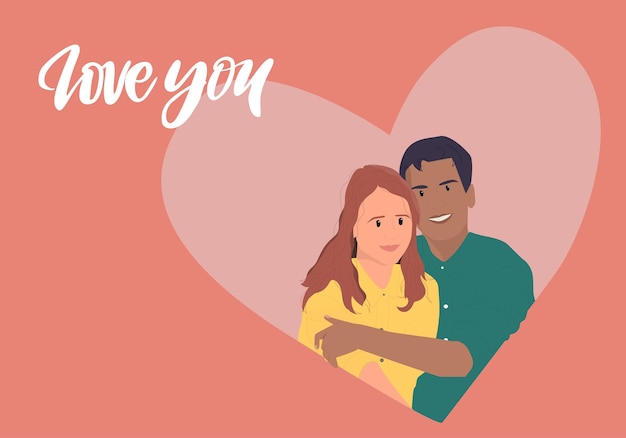 Karta Walentynkowa Z Zakochaną Młodą Parą. Młody Mężczyzna I Kobieta Się Przytulają