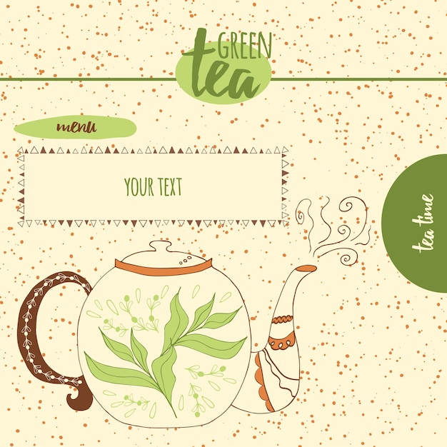 Karta Z Naszkicowanym ładnym Czajniczkiem Do Projektowania Menu Lub Szablonu Sieci Web Ręcznie Rysowane Zielonej Herbaty