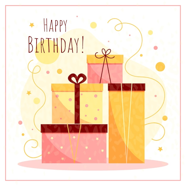 Karta z życzeniami z okazji urodzin Gromada kolorowych pudełek z prezentami w uroczystym papierze z wstążką