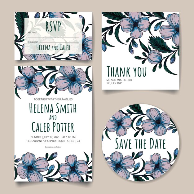 Plik wektorowy karta zaproszenia na ślub zapisz datę karty rsvp karta z podziękowaniami z kwiatami, liśćmi i gałęziami