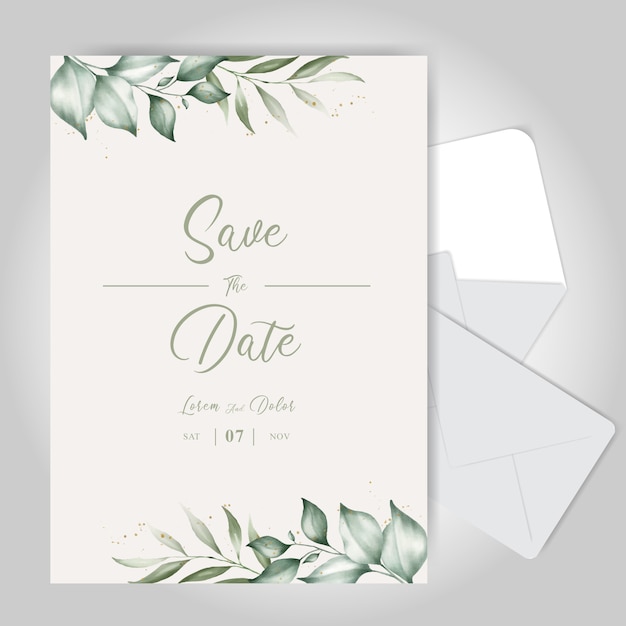 Plik wektorowy karta zaproszenie na ślub akwarela z pięknym liście