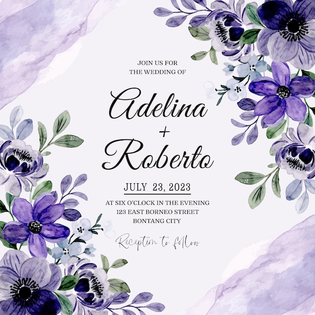 Plik wektorowy karta zaproszenie na ślub z fioletową akwarelą kwiatowy