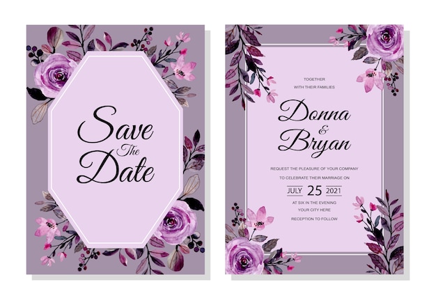 Karta Zaproszenie Na ślub Z Fioletowym Kwiatowy Akwarela