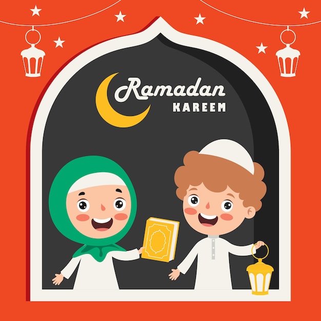 Kartka Okolicznościowa Ramadan Kareem Z Dziećmi, Lampami I Półksiężycem