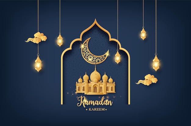 Kartka Okolicznościowa Ramadan Kareem Z Meczetem I Złotym Błyszczącym Księżycem Z Latarnią, Wycinana Z Papieru