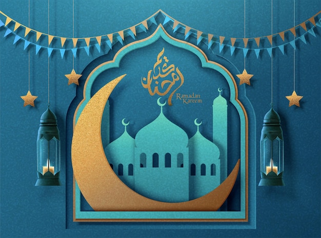 Kartka Okolicznościowa Ramadan Kareem Z Meczetem Z Papierową Grafiką I Dużym Półksiężycem