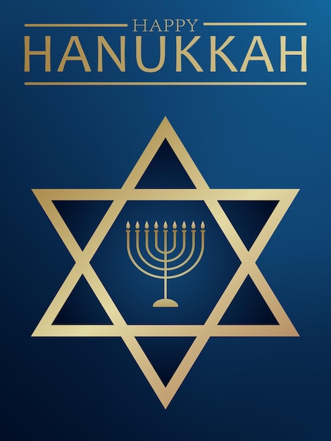 Kartka okolicznościowa ze złotym napisem Happy Chanukah, żyrandol z dziewięcioma świecami i gwiazdą Dawida