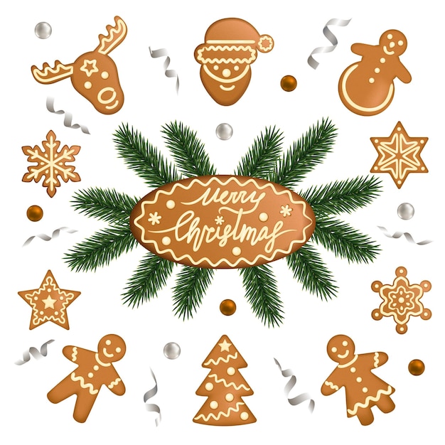 Plik wektorowy kartka świąteczna i noworoczna z zabawkami z piernika świąteczne przedmioty i dekoracje
