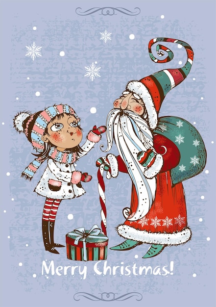 Plik wektorowy kartka świąteczna święty mikołaj z uroczą dziewczyną vector