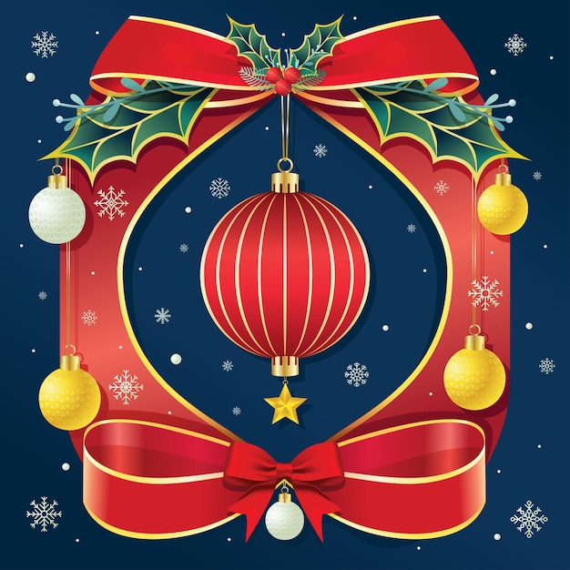 Kartka świąteczna z wstążkami, jemiołą, kulkami dekoracyjnymi i płatkami śniegu na niebieskim tle.