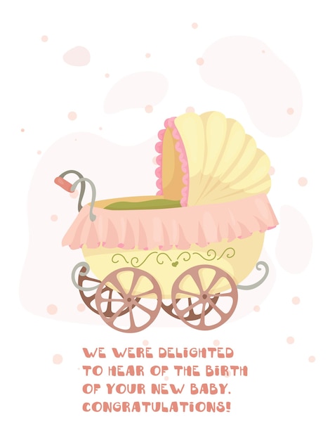 Kartka Urodzinowa Dziecka Z Wózkiem. Zaproszenia Na Baby Shower Z śliczną Ilustracją. Ilustracja Wektorowa Z Ubraniami Dla Dzieci W Stylu Cartoon.