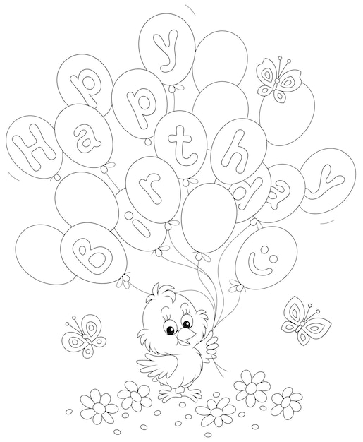 Plik wektorowy kartka urodzinowa z szczęśliwą małą kurczątką trzymającą świąteczne balony wśród kwiatów i motyli