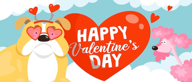 Kartka Walentynkowa Kreskówka Z Uroczym Buldogiem Angielskim W Okularach Przeciwsłonecznych W Kształcie Serca I Zabawnym Różowym Pudle