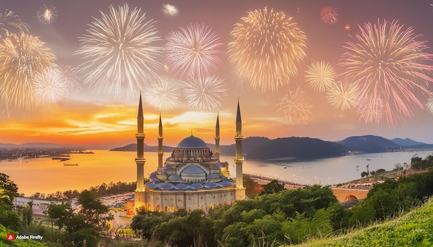 Plik wektorowy kartka z pozdrowieniami eid fajerwerki meczet z minaretami tekst eid mubarak