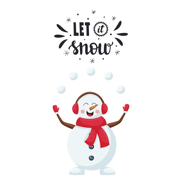 Kartka Z Radosnym, Uśmiechniętym świątecznym Bałwanem żonglującym śnieżkami. Napis Odręczny - Niech Pada śnieg