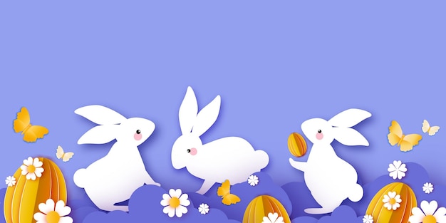 Kartka Z życzeniami Happy Easter Day Ze ślicznymi Białymi Królikami W Stylu Cięcia Papieru Króliczek Z Kwiatem
