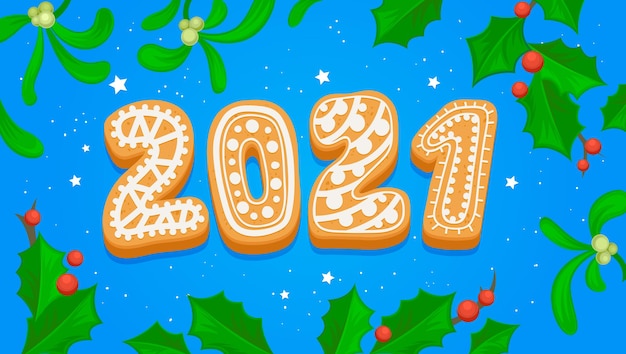 Kartka Z życzeniami Szczęśliwego Nowego Roku 2021 Z Typografią Gingerbread Cookie Na Niebiesko