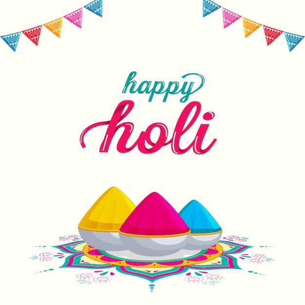 Kartkę Z życzeniami Happy Holi Celebration Z Miskami Pełnymi Suchego Koloru Gulal Nad Rangoli I Chorągiewkami Flagi Na Białym Tle