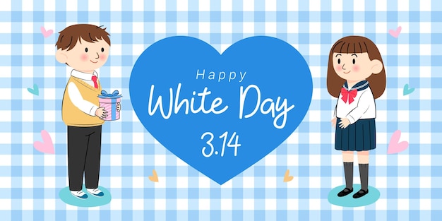 Kartkę z życzeniami Happy White Day Japoński nastolatek dający prezent dziewczynie