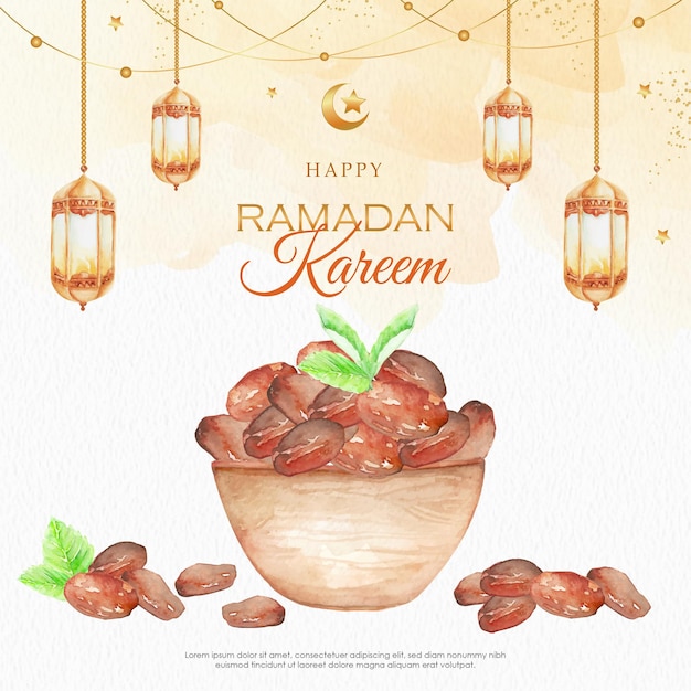 Kartkę z życzeniami ramadan kareem z owocami daktyli i tłem latarni