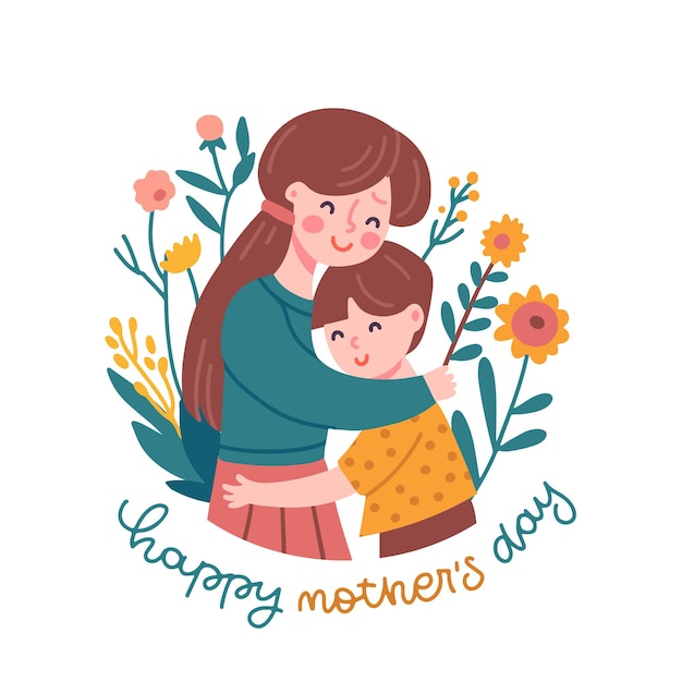 Kartkę Z życzeniami Szczęśliwego Dnia Matki Kobieta Przytula Dziecko Matka Trzyma Chłopca Syna Z Kwiatami Wokół Mo