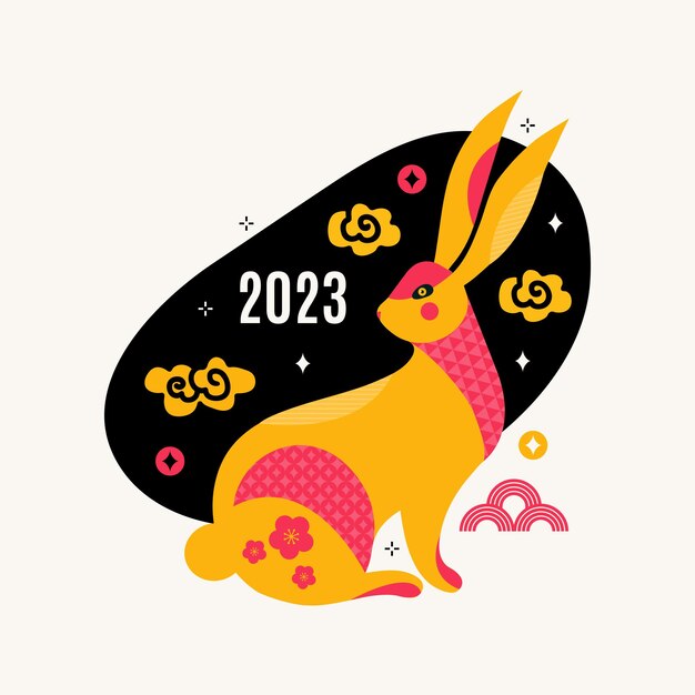 Plik wektorowy kartkę z życzeniami szczęśliwego nowego roku 2023 chiński znak zodiaku królik symbol postać z kreskówki ładny króliczek w połowie jesieni lub chiński księżycowy nowy rok księżyc zając na nocnym niebie kolorowe płaskie ilustracje wektorowe