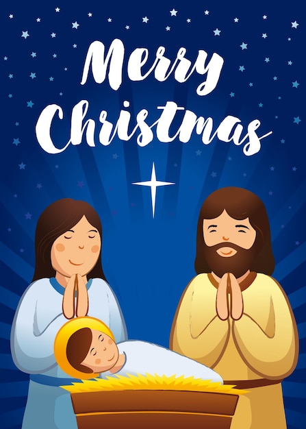 Kartkę z życzeniami szopka bożonarodzeniowa, scena Świętej rodziny. Ilustracja wektorowa narodzin Chrystusa.