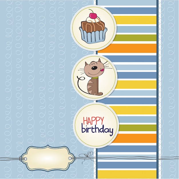 Kartkę Z życzeniami Urodzinowymi Z Kotem Czeka Na Zjedzenie Ciasta