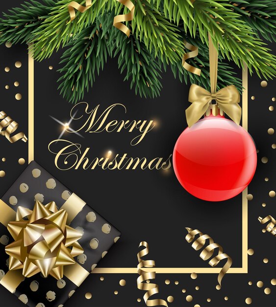 Kartkę Z życzeniami Wesołych świąt I Szczęśliwego Nowego Roku Z Gałązkami Jodły Prezent Na Boże Narodzenie I Czerwoną Piłkę