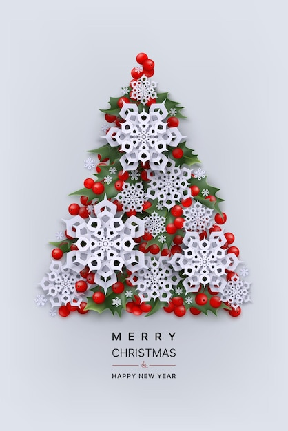 Kartkę Z życzeniami Wesołych świąt I Szczęśliwego Nowego Roku Z Płatkami śniegu Nad Ostrokrzewem I Liśćmi