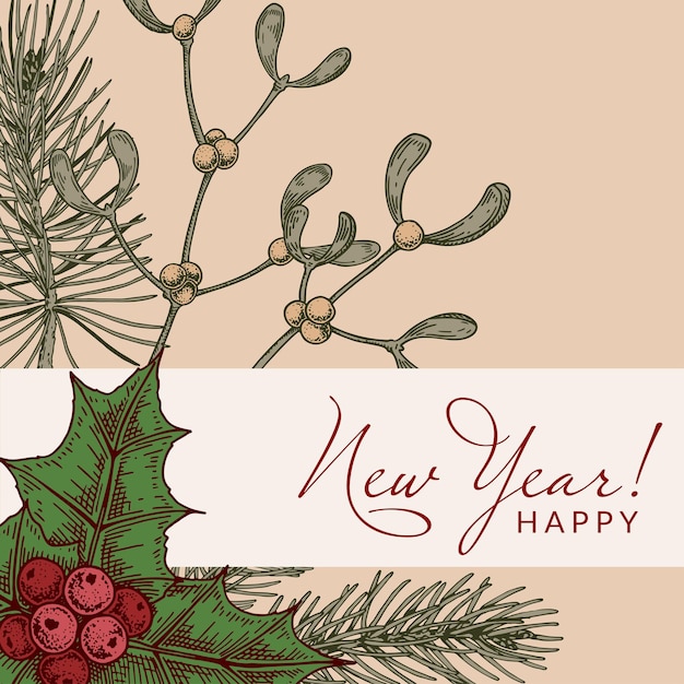 Kartkę Z życzeniami Wesołych świąt I Szczęśliwego Nowego Roku Z Ręcznie Rysowanymi Liśćmi Ostrokrzewu I Jagodami