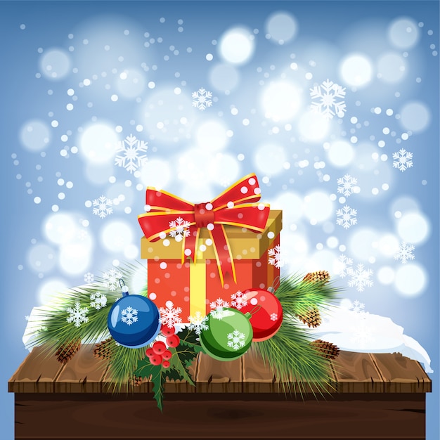 Kartkę Z życzeniami Wesołych świąt, Stary Stół Pokryty śniegiem, Pudełka Na Prezenty, Ozdoby świąteczne
