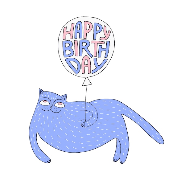 Kartkę Z życzeniami Wszystkiego Najlepszego Z ładny Kot I Balon. Przyjęcie Urodzinowe. Ilustracja Wektorowa
