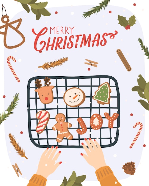 Kartkę Z życzeniami Z Elementami Zimy. Ręcznie Rysowane Ilustracja Zima Z Christmas Cookies.