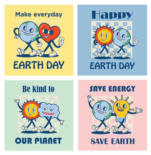 Kartki Retro Happy Earth Day Z Hasłem Vintage Nostalgia Postać Z Kreskówki Maskotka Planeta Z Uśmiechniętą Twarzą Globus Z Gestem Ręki Pokoju Przyjazna Dla środowiska Koncepcja Recyklingu