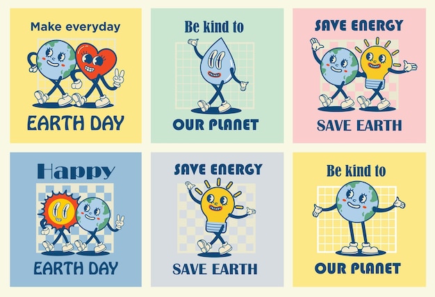 Kartki Retro Happy Earth Day Z Hasłem Vintage Nostalgia Postać Z Kreskówki Maskotka Planeta Z Uśmiechniętą Twarzą Globus Z Gestem Ręki Pokoju Przyjazna Dla środowiska Koncepcja Recyklingu