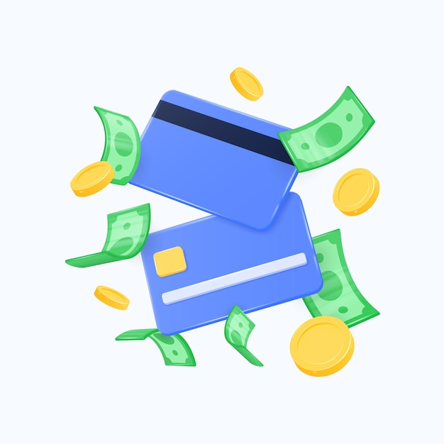 Karty kredytowe zielone dolary i złote monety w wektorze lotu realistyczna ilustracja 3D w stylu kreskówki koncepcja płatności za zakupy za pomocą kart zarządzania pieniędzmi