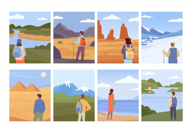 Plik wektorowy karty podróżne postacie z kreskówek podróżujące turyści odwiedzający wycieczka na świeżym powietrzu wędrówki spacery aktywność wektora kreskówki płaskie postacie zbiór