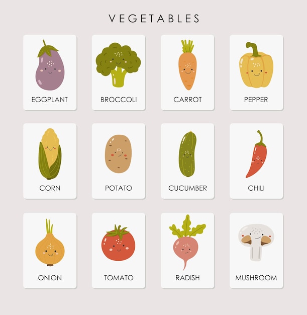Plik wektorowy karty warzyw karty edukacyjne materiały dla dzieci przedszkole wektor materiały szkolne