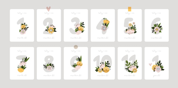 Plik wektorowy karty z kamieni milowych dla dzieci z kwiatami i cyframi z kwiatami dla noworodka dziewczynka chłopiec baby shower druku