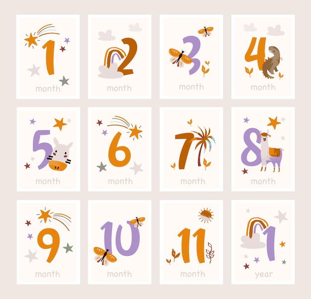 Plik wektorowy karty z kamieniami milowymi dla dzieci z uroczymi zwierzętami i liczbami