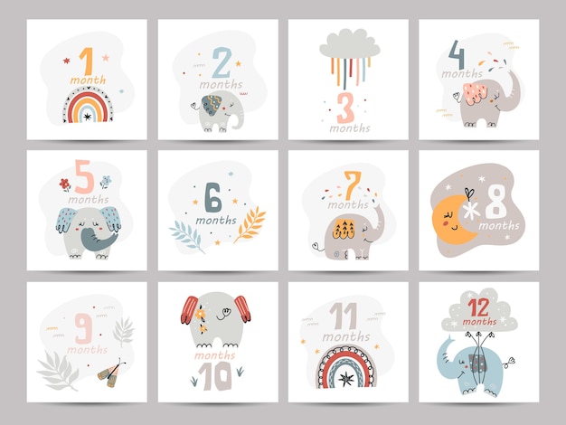 Plik wektorowy karty z numerami dla noworodków nadruki przedstawiające urocze słonie według miesięcy