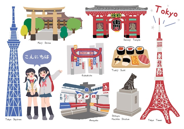 Plik wektorowy karykatura przedstawiająca grupę ludzi z napisem „japonia” z przodu.