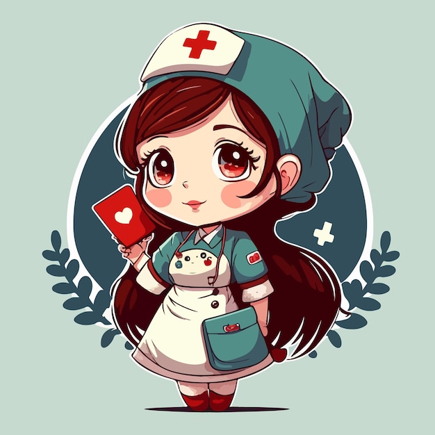 Karykatura przedstawiająca pielęgniarkę z sercem na piersi.