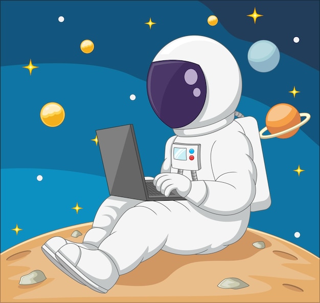 Karykaturowy astronauta z laptopem na Księżycu