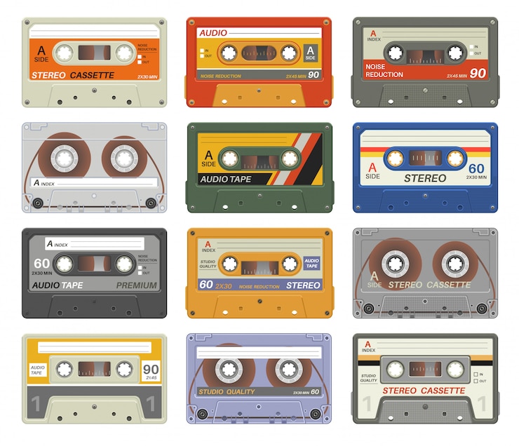 Wektor kasety retro. kolorowa plastikowa kaseta magnetofonowa w stylu vintage urządzenie multimedialne technologia muzyczna nagrywa obrazy stereo z lat osiemdziesiątych. zestaw