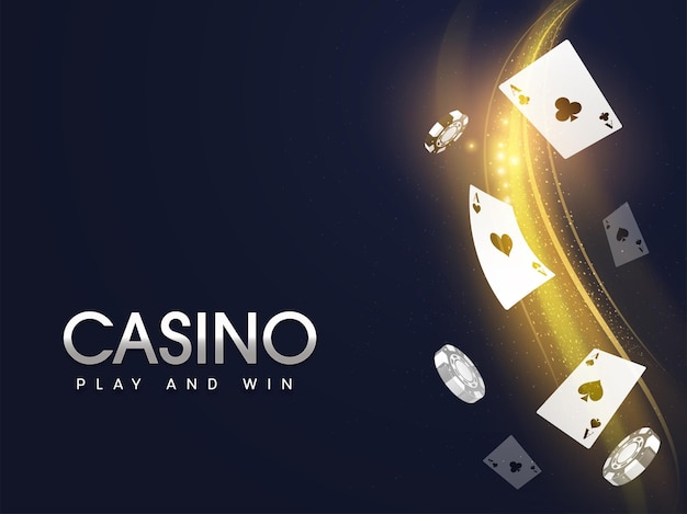 Plik wektorowy kasyno grać i wygrywać koncepcja z latającymi kartami as, realistyczne żetony do pokera i fala cząstek złota na niebieskim tle.