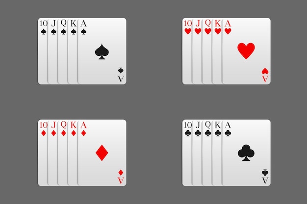 Plik wektorowy kasyno i poker połączone z kombinacją royal flush wszystkich kolorów kart. ilustracja wektorowa w realistycznym stylu.